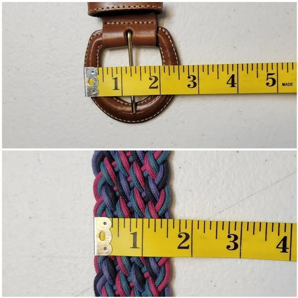 Vintage L.L. Bean Braided Cord Belt Pink Teal Navy Leather Buckle